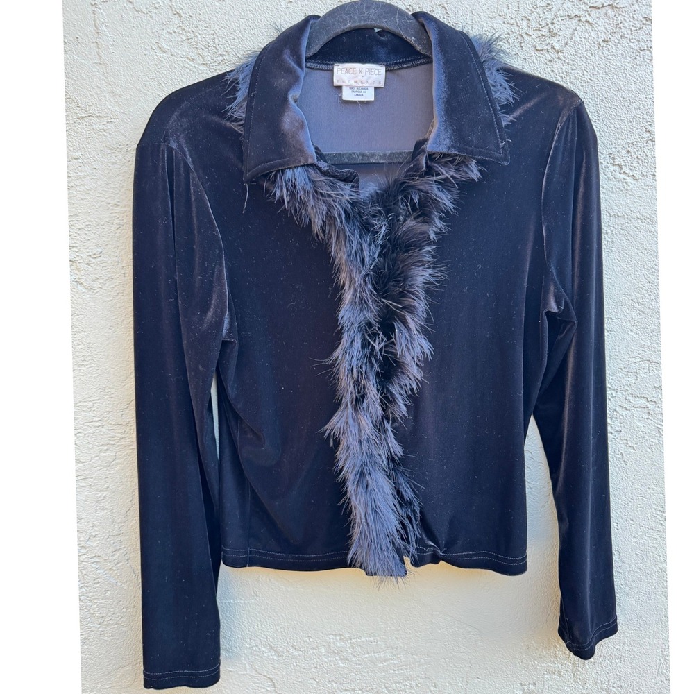 Vintage Peace x Piece Black Velvet Feather Collared Cardigan Blouse SMALL Glam